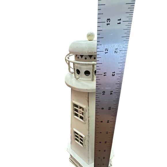 Lighthouse Candle Votive Holder Distressed Off White Metal 12.75" High Nautical - Picture 5 of 12